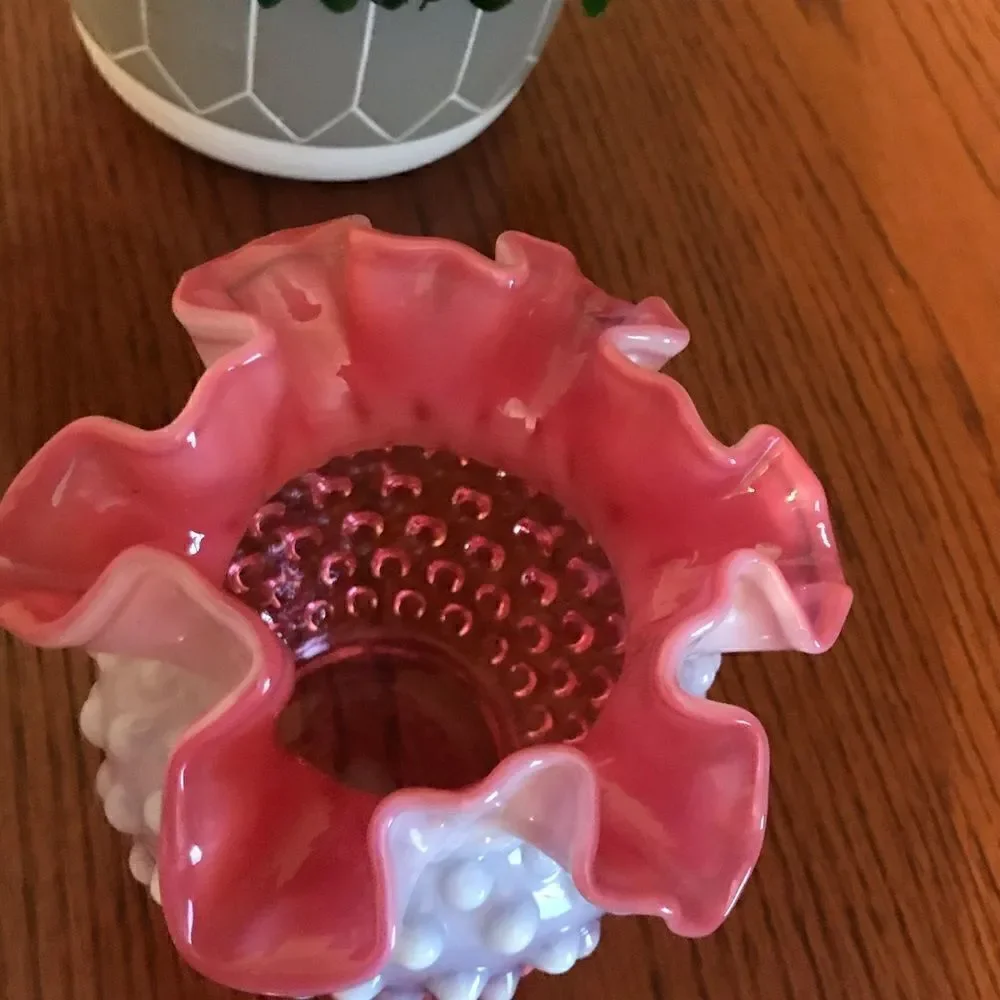 Vintage cranberry Fenton hobnail vase